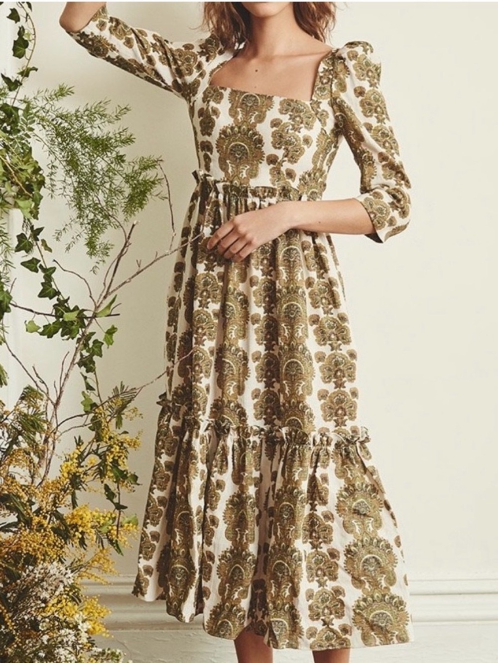 Cara Cara Olive Floral Square-Neck Midi Dress | Size 6